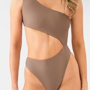 Nyud Swim Bermuda One Piece One-Shoulder Cutout Swimsuit in Taupe